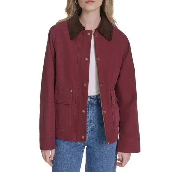 Levis Womens Chore Barn Jacket Small Dark Red Canvas Corduroy Collar Workwear - Picture 3 of 7